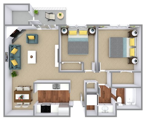 Floor plan for 2 beds, 1 bath, 860 sqft